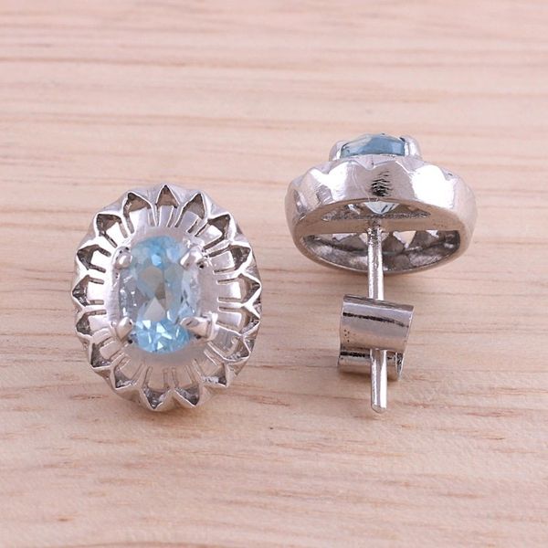 Alternate image for Rhodium Plated Blue Topaz Button Earrings from India Radiant Rays