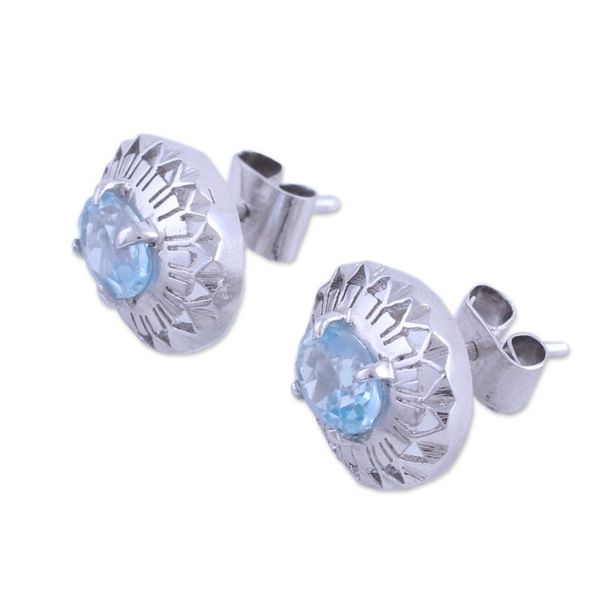 Alternate image for Rhodium Plated Blue Topaz Button Earrings from India Radiant Rays