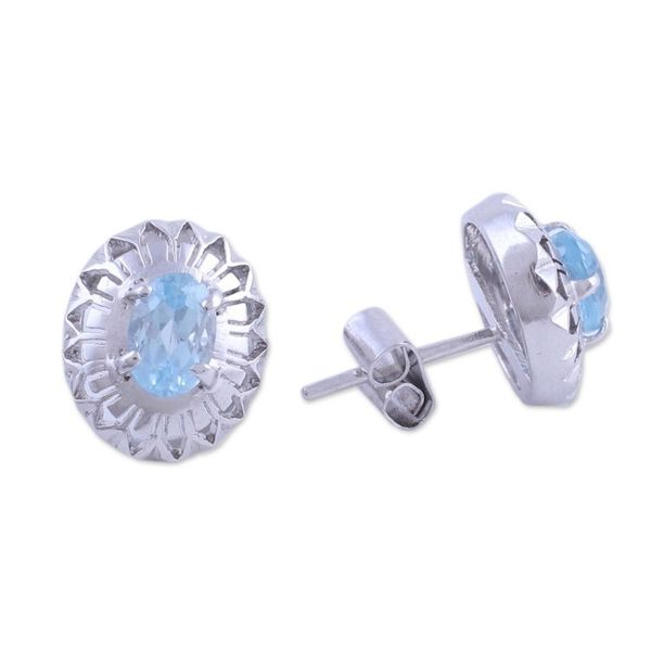 Alternate image for Rhodium Plated Blue Topaz Button Earrings from India Radiant Rays