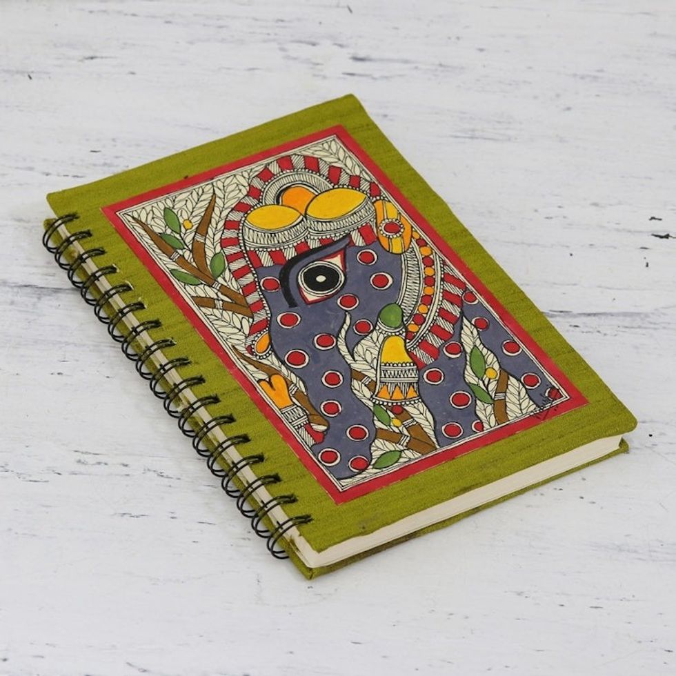 Hand Crafted Madhubani Style Painted Journal 'Exuberant Elephant'
