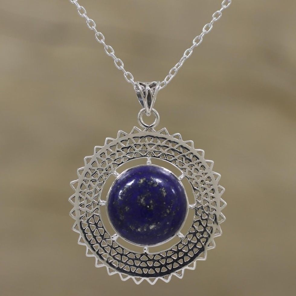 Lapis Lazuli and Sterling Silver Necklace from India 'Triangular Sun Rays'
