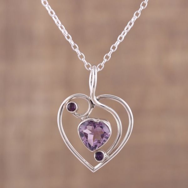 Alternate image for Hand Crafted Amethyst and Sterling Silver Pendant Necklace Precious Heart