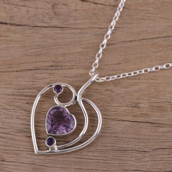 Alternate image for Hand Crafted Amethyst and Sterling Silver Pendant Necklace Precious Heart
