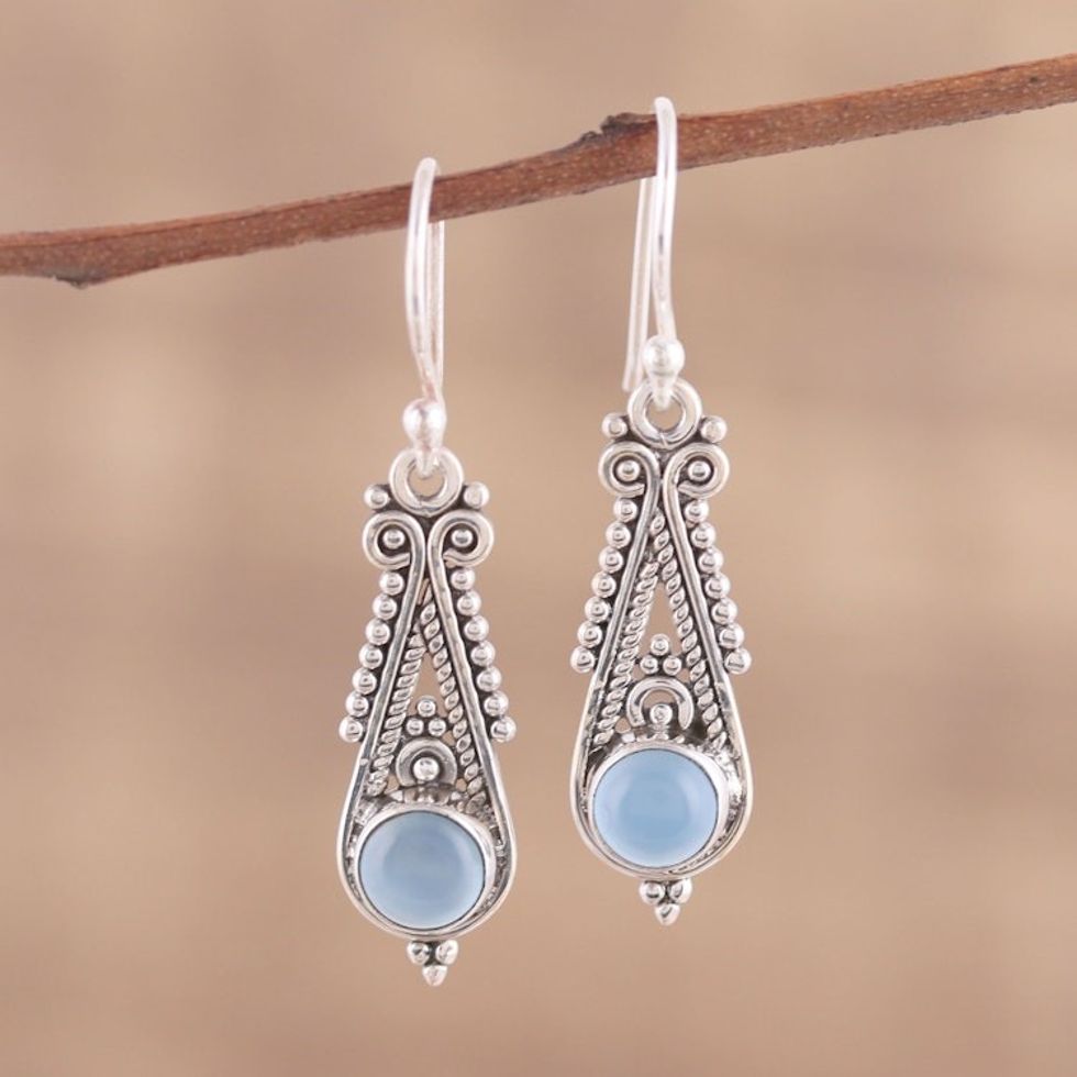 Pointed Chalcedony Dangle Earrings from India 'Regal Peaks'