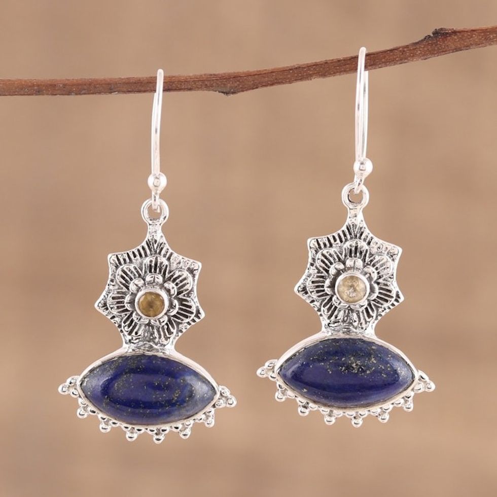 Handmade 925 Sterling Silver Lapis Lazuli Citrine Earrings 'Floral Gaze'