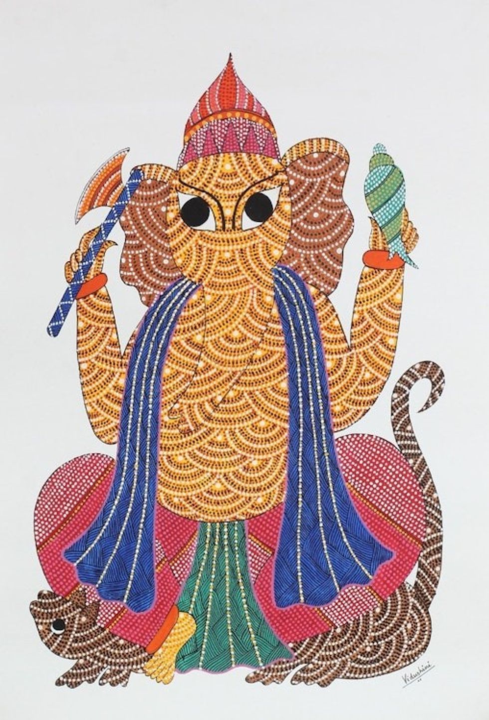Signed Multicolored Gond Painting of Ganesha from India 'Majestic Ganesha'
