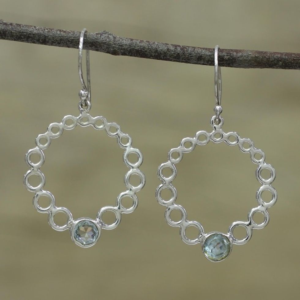 Blue Topaz and Sterling Silver Dangle Earrings from India ''Bubble Wreath'