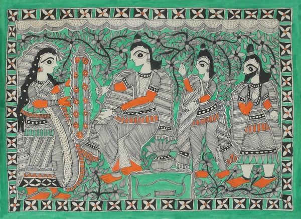 Alternate image for Signed Freehand Madhubani Painting of Rama and Sita Wedding Celebrations