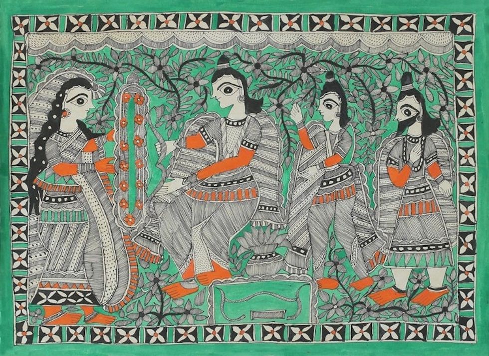 Signed Freehand Madhubani Painting of Rama and Sita 'Wedding Celebrations'