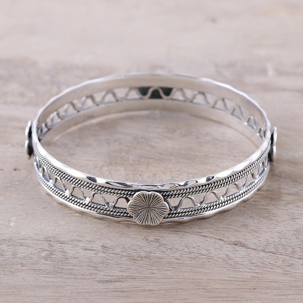 Floral Sterling Silver Bangle Bracelet from India 'Floral Wave'