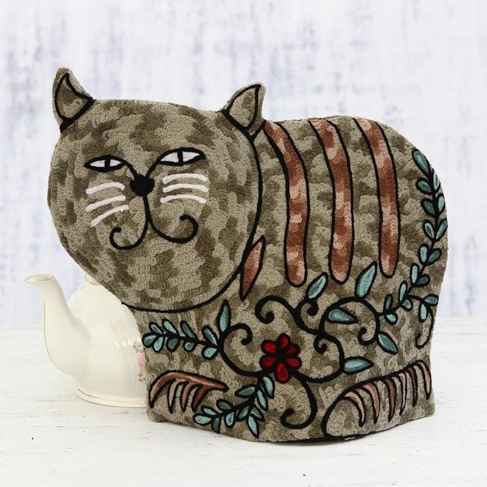 Cat-Shaped Aari Embroidered Wool Tea Cozy in Grey from India 'Delightful Cat in Grey'