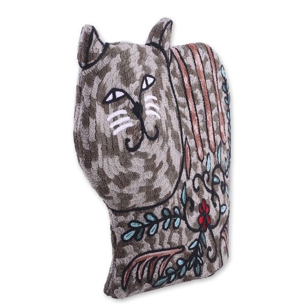 Alternate image for Cat-Shaped Aari Embroidered Wool Tea Cozy in Grey from India Delightful Cat in Grey