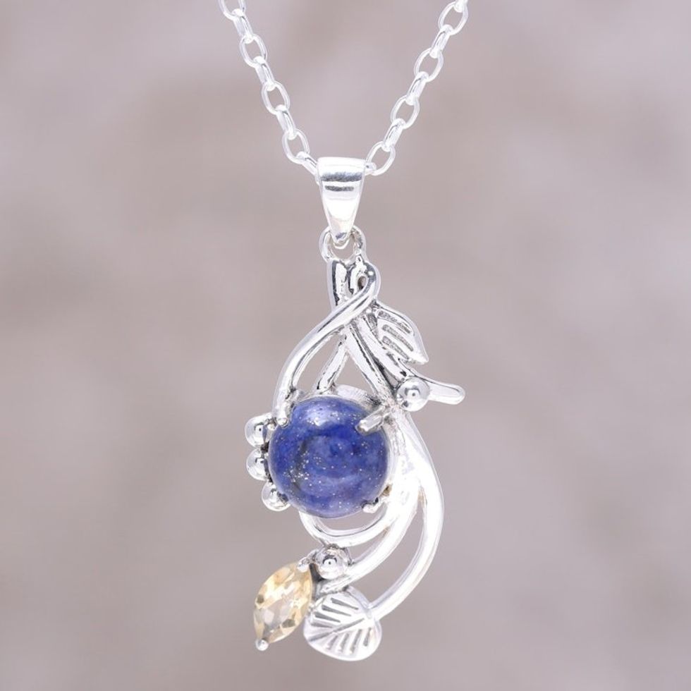 Lapis Lazuli and Citrine Sterling Silver Pendant Necklace 'Seaside Bloom'