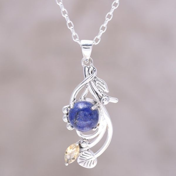 Alternate image for Lapis Lazuli and Citrine Sterling Silver Pendant Necklace Seaside Bloom