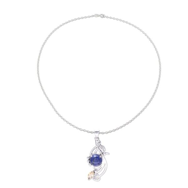 Alternate image for Lapis Lazuli and Citrine Sterling Silver Pendant Necklace Seaside Bloom