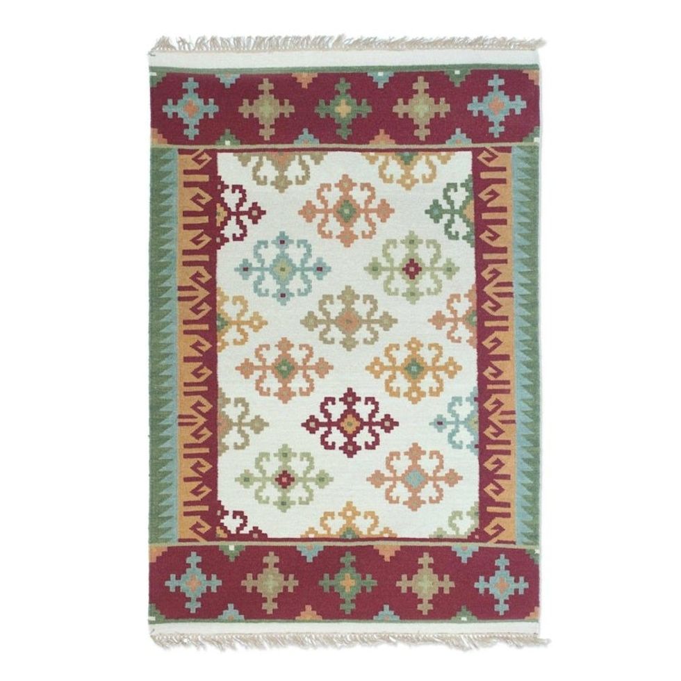 Handwoven Geometric Wool Area Rug 4x6 from India 'Morning Dream'