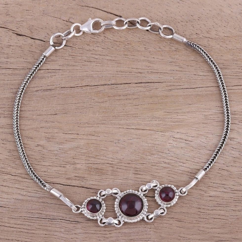 Garnet Cabochon Pendant Bracelet in Sterling Silver 'Bridge to Delhi'