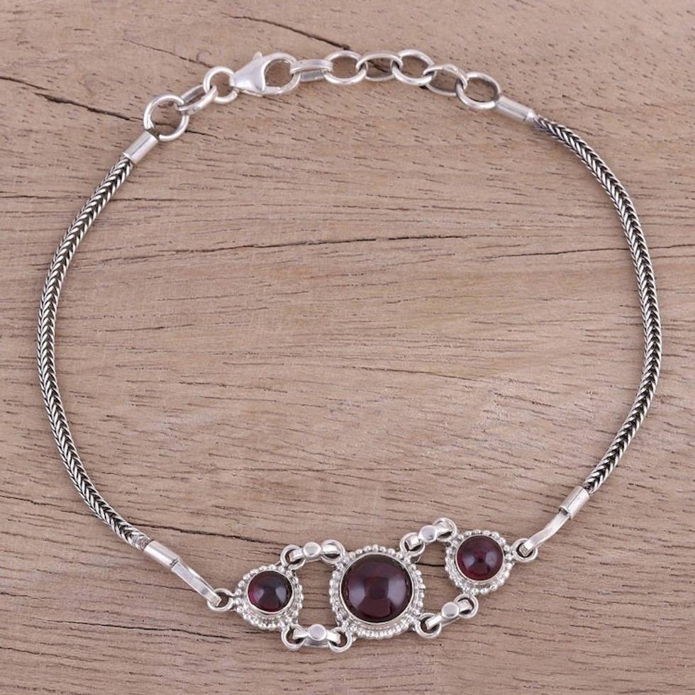 Garnet Cabochon Pendant Bracelet in Sterling Silver 'Bridge to Delhi'