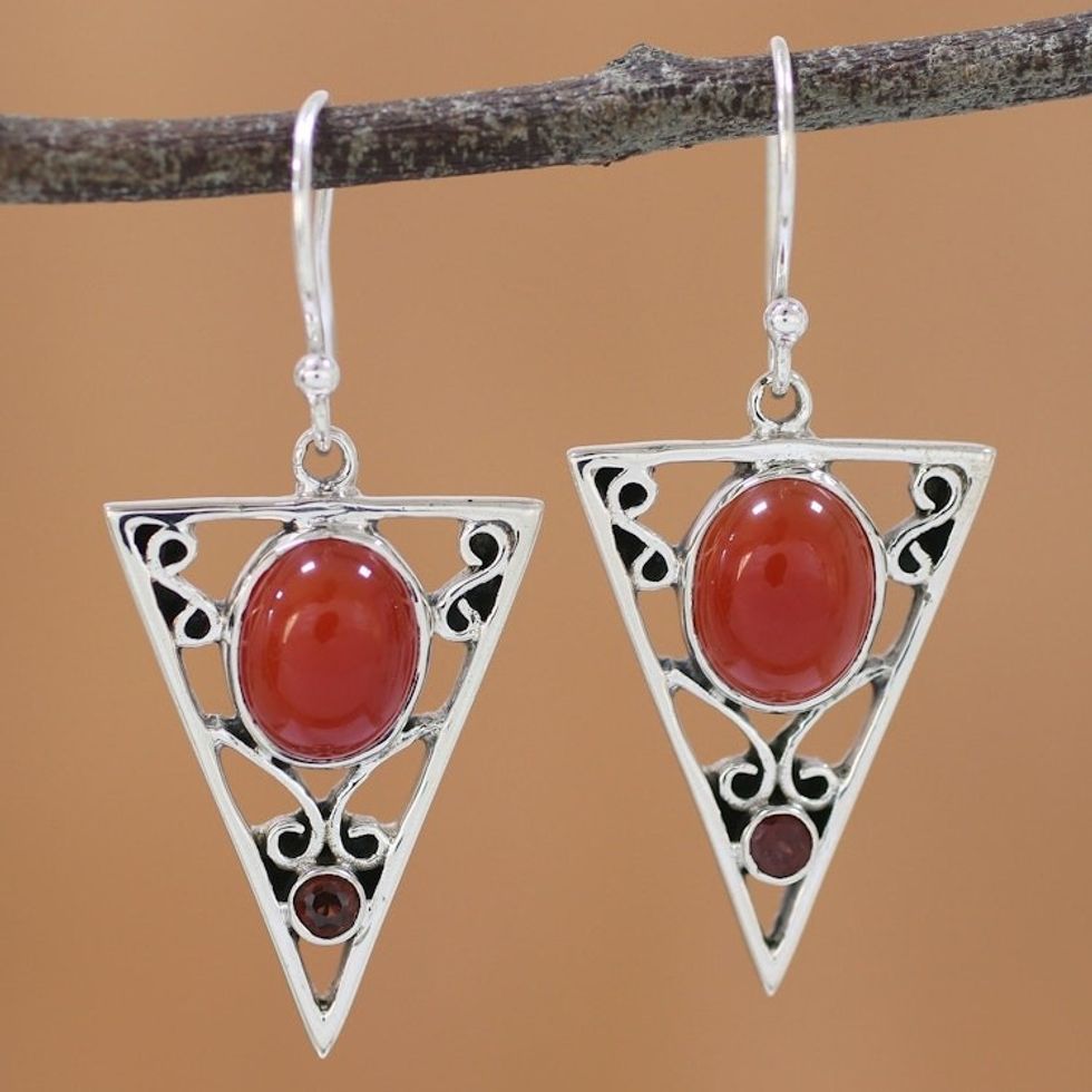 Carnelian and Garnet Sterling Silver Dangle Earrings 'Radiant Triangle'