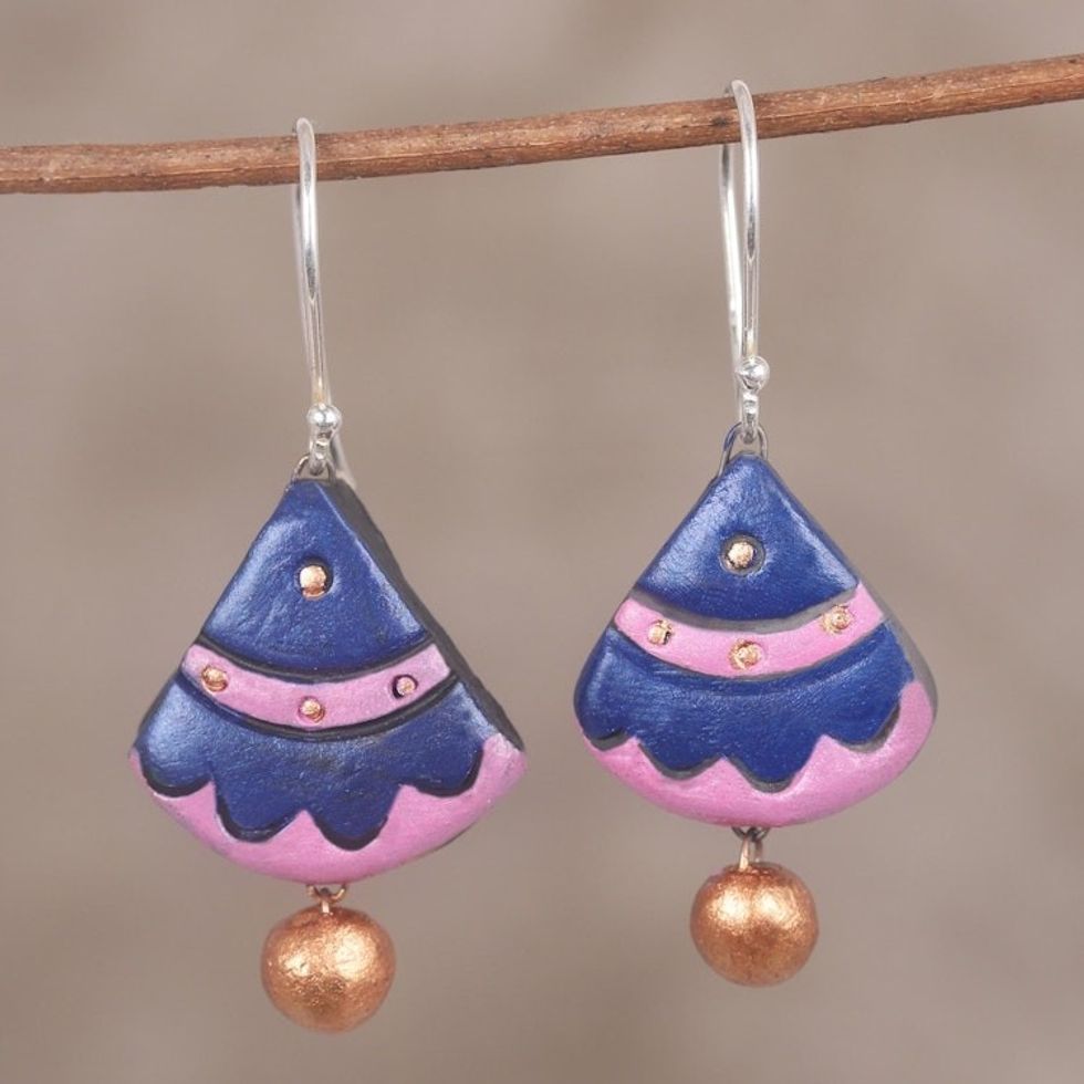 Hand-Painted Majestic Fan Ceramic Pair of Dangle Earrings 'Majestic Fan'