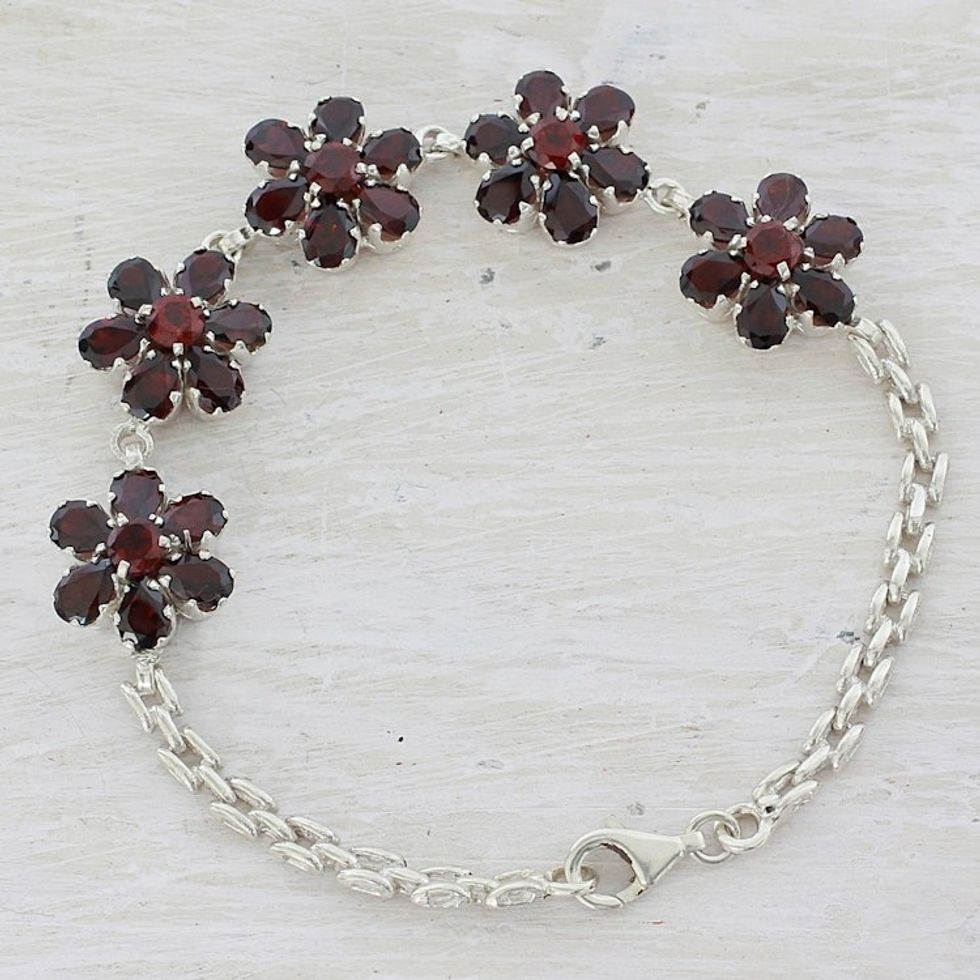 Garnet and Sterling Silver Link Chain Bracelet from India 'Red Blooms'