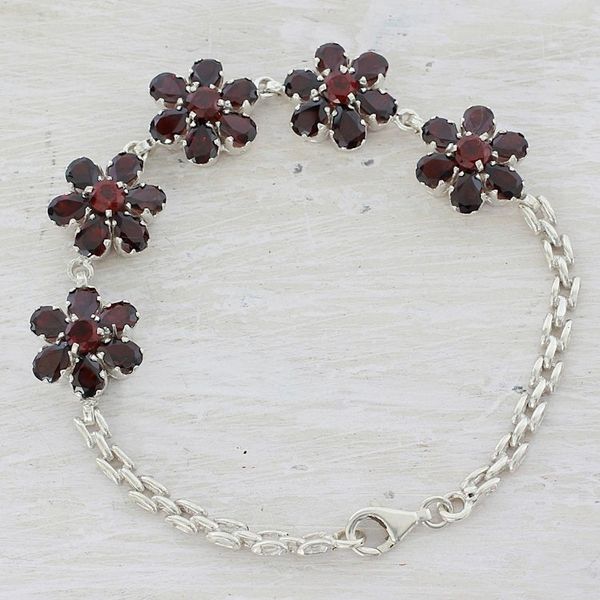 Alternate image for Garnet and Sterling Silver Link Chain Bracelet from India Red Blooms