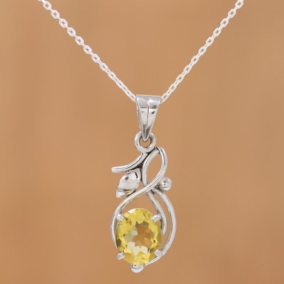 Four Carat Citrine Necklace in Rhodium Plated Silver 'Golden Bud'