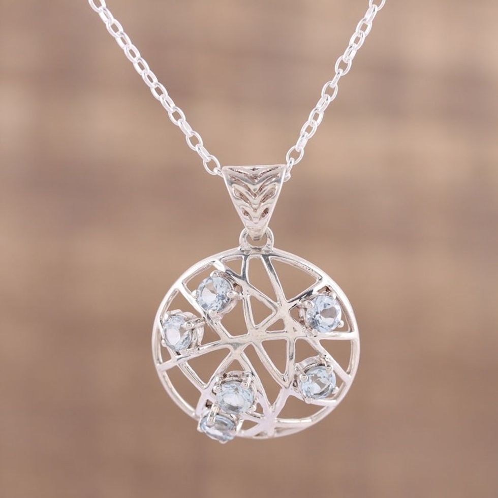Blue Topaz Dream Catcher Pendant Necklace from India 'Sparkling Dream Catcher'