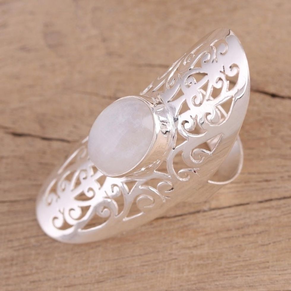Ornate Sterling Silver Jali and Moonstone Cocktail Ring 'Jali Floral Mist'