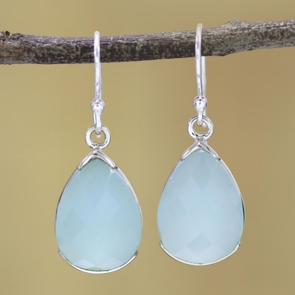 Aqua Chalcedony and Sterling Silver Dangle Earrings 'Aqua Drops'