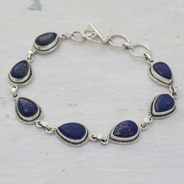 Alternate image for Lapis Lazuli and Sterling Silver Link Bracelet from India Caressing Rain in Blue