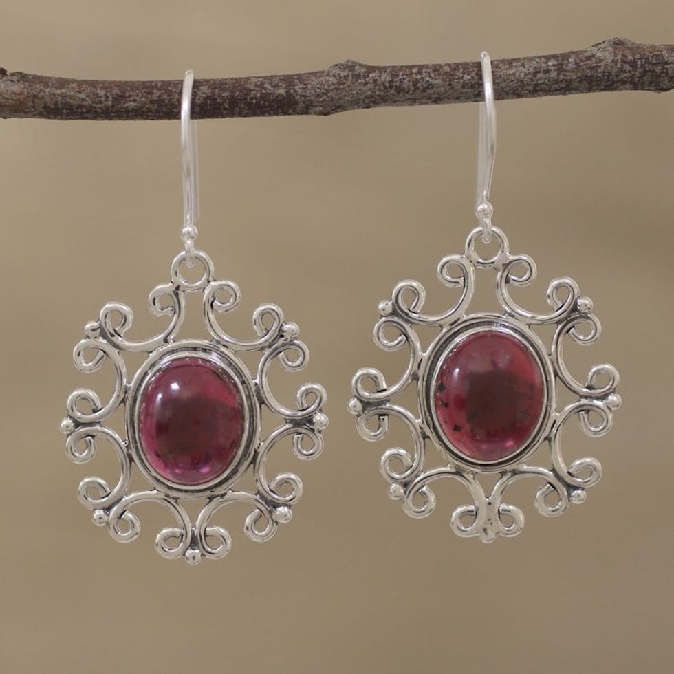 Handcrafted Oval Garnet Dangle Earrings from India 'Oval Majesty'