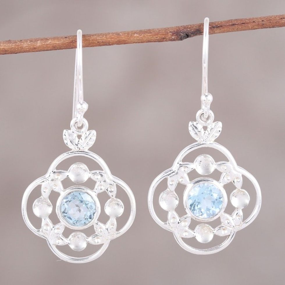 Blue Topaz Sterling Silver Rounded Flower Dangle Earrings 'Flower Circle'