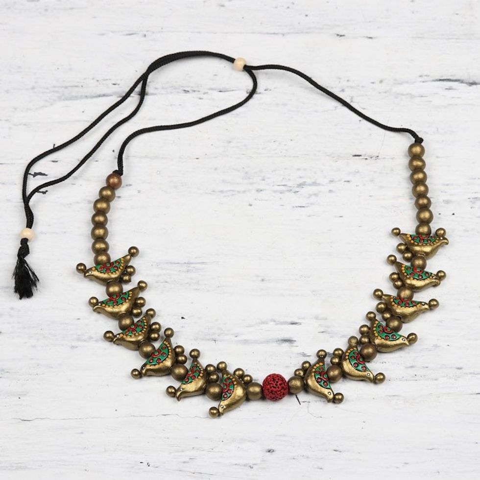 Hand-Painted Golden Birds Ceramic Beaded Adjustable Necklace 'Golden Birds'