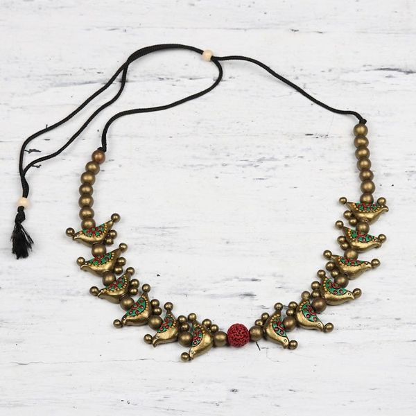 Alternate image for Hand-Painted Golden Birds Ceramic Beaded Adjustable Necklace Golden Birds