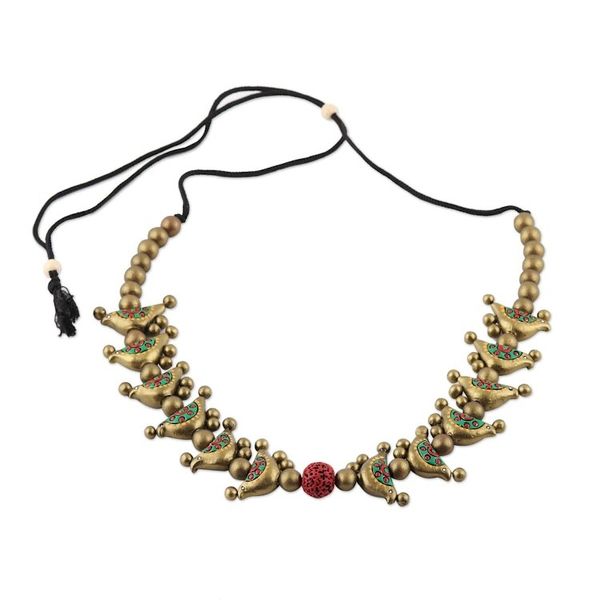 Alternate image for Hand-Painted Golden Birds Ceramic Beaded Adjustable Necklace Golden Birds