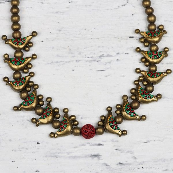 Alternate image for Hand-Painted Golden Birds Ceramic Beaded Adjustable Necklace Golden Birds