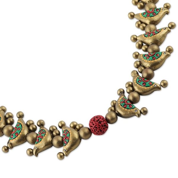Alternate image for Hand-Painted Golden Birds Ceramic Beaded Adjustable Necklace Golden Birds