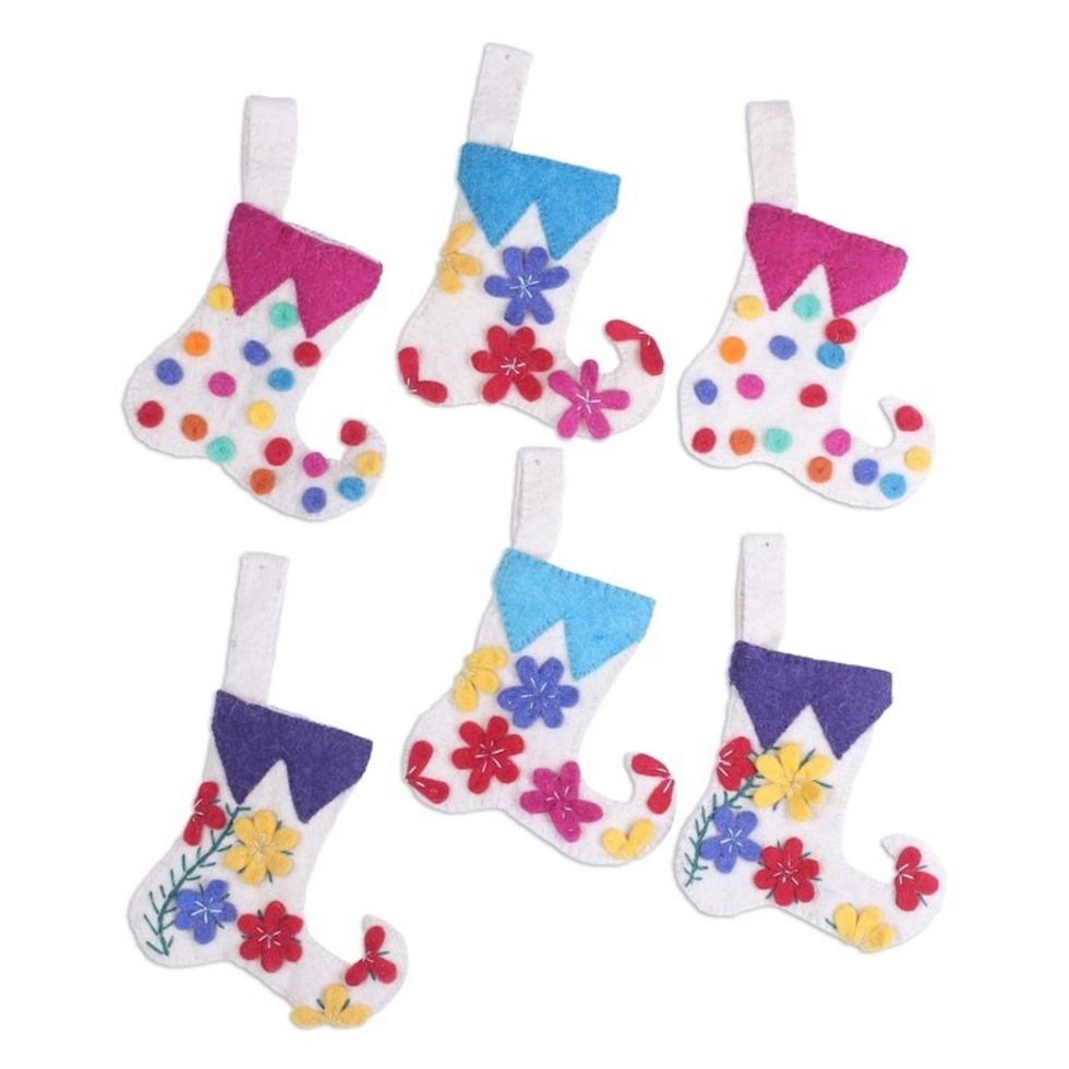 Stocking-Shaped Wool Ornaments Set of 6 from India 'Cheerful Stockings'