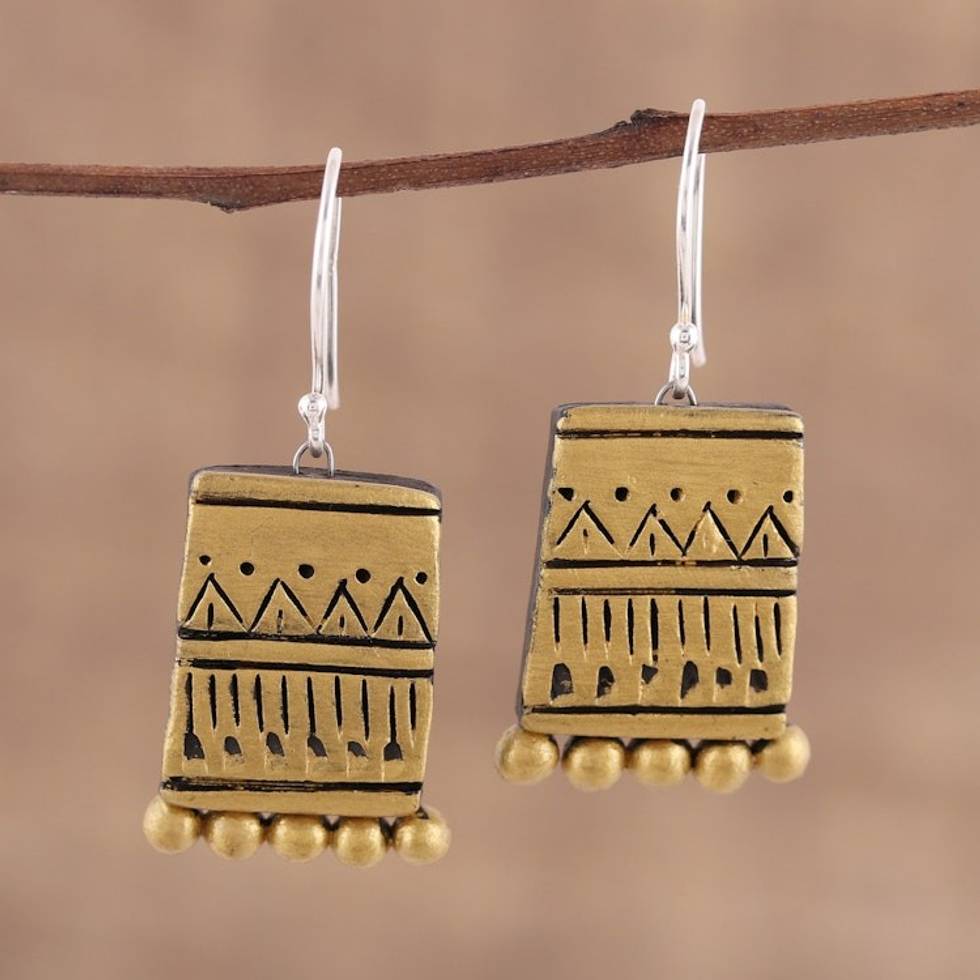 Gold-Tone Ceramic Dangle Earrings Crafted in India 'Golden Dance'