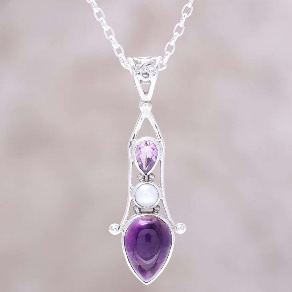 Amethyst and Cultured Pearl Sterling Silver Pendant Necklace 'Violet Reign'
