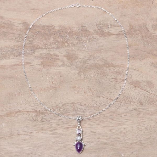 Alternate image for Amethyst and Cultured Pearl Sterling Silver Pendant Necklace Violet Reign
