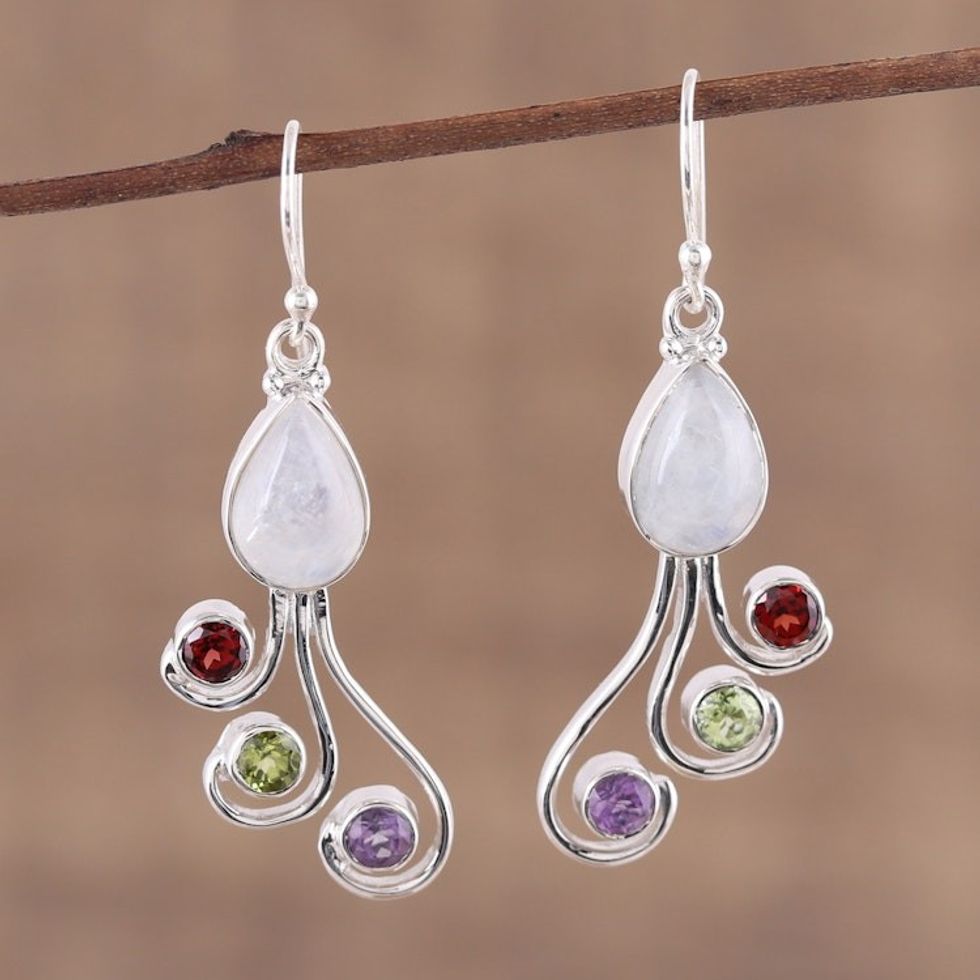 Multi-Gemstone and Silver Dangle Earrings from India 'Colorful Shower'