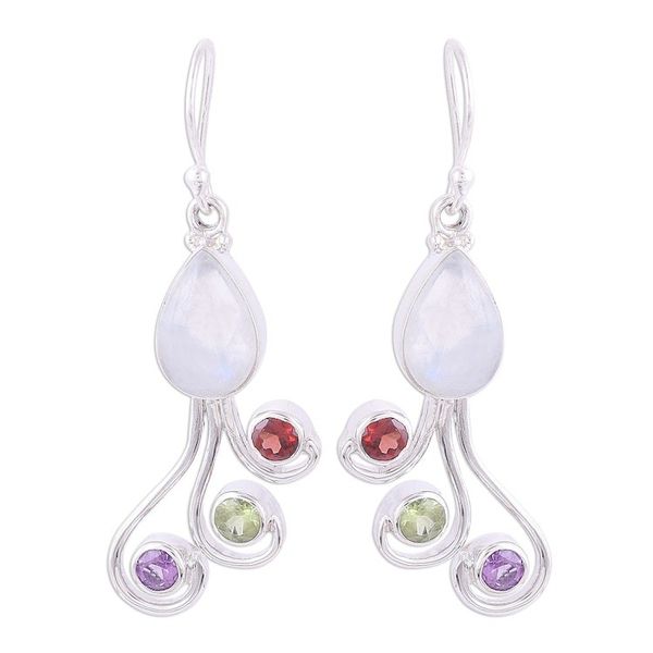 Alternate image for Multi-Gemstone and Silver Dangle Earrings from India Colorful Shower
