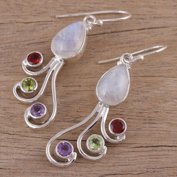 Alternate image for Multi-Gemstone and Silver Dangle Earrings from India Colorful Shower