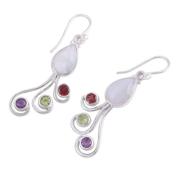 Alternate image for Multi-Gemstone and Silver Dangle Earrings from India Colorful Shower