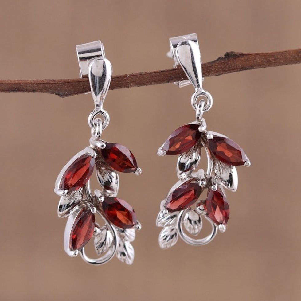 Leaf Motif Garnet Dangle Earrings from India 'Scarlet Charm'