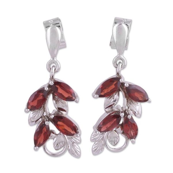 Alternate image for Leaf Motif Garnet Dangle Earrings from India Scarlet Charm