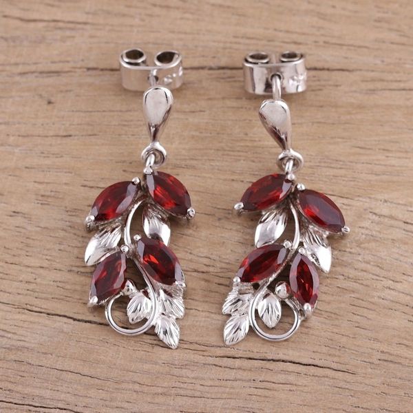 Alternate image for Leaf Motif Garnet Dangle Earrings from India Scarlet Charm