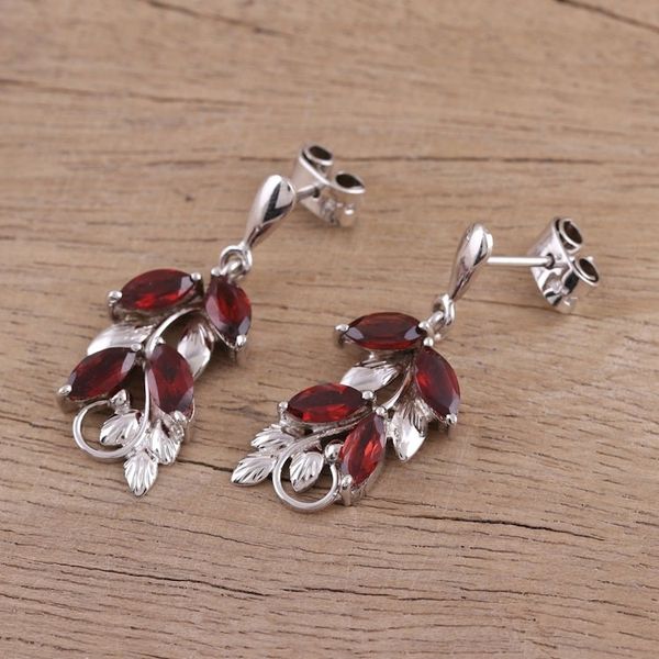 Alternate image for Leaf Motif Garnet Dangle Earrings from India Scarlet Charm